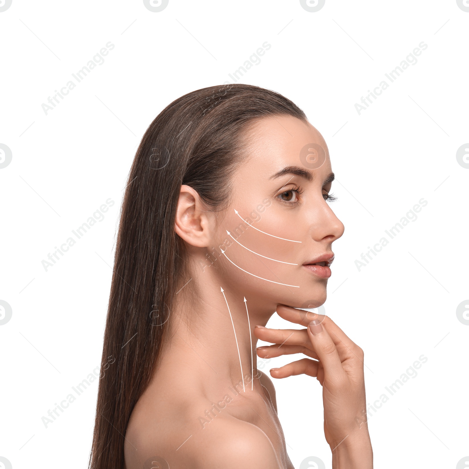 Image of Attractive woman with perfect skin after cosmetic treatment on white background. Lifting arrows on her face