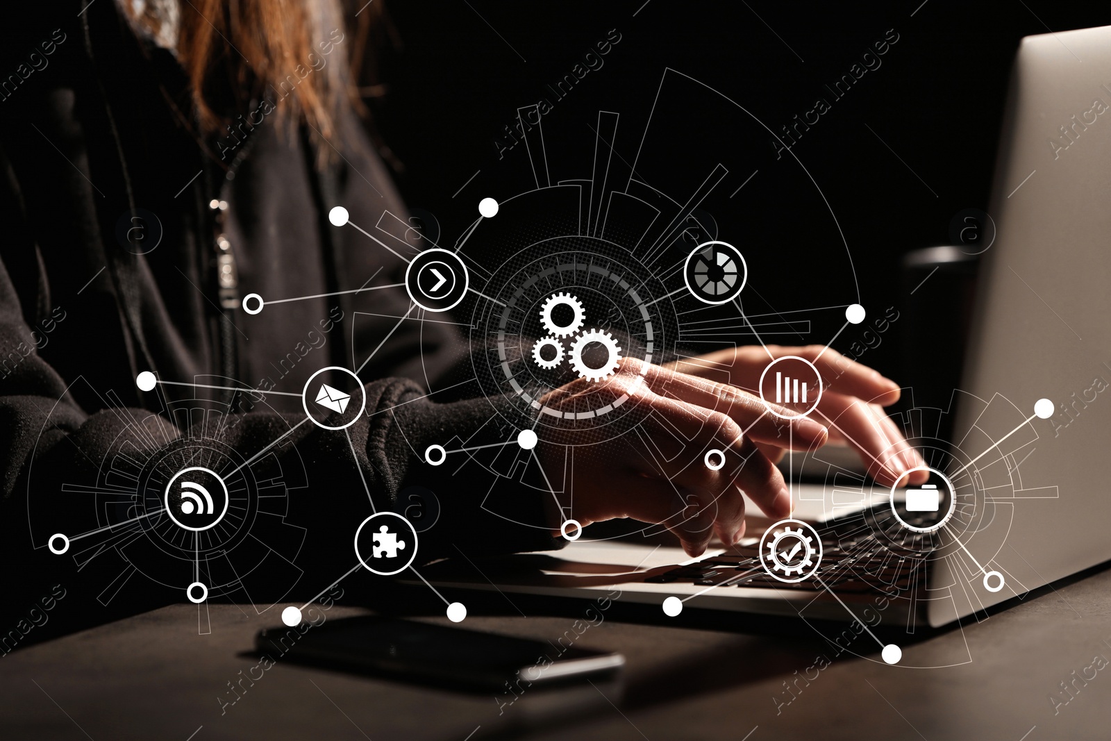 Image of Cyber security concept. Illustration of different virtual icons and woman working with laptop at table, closeup