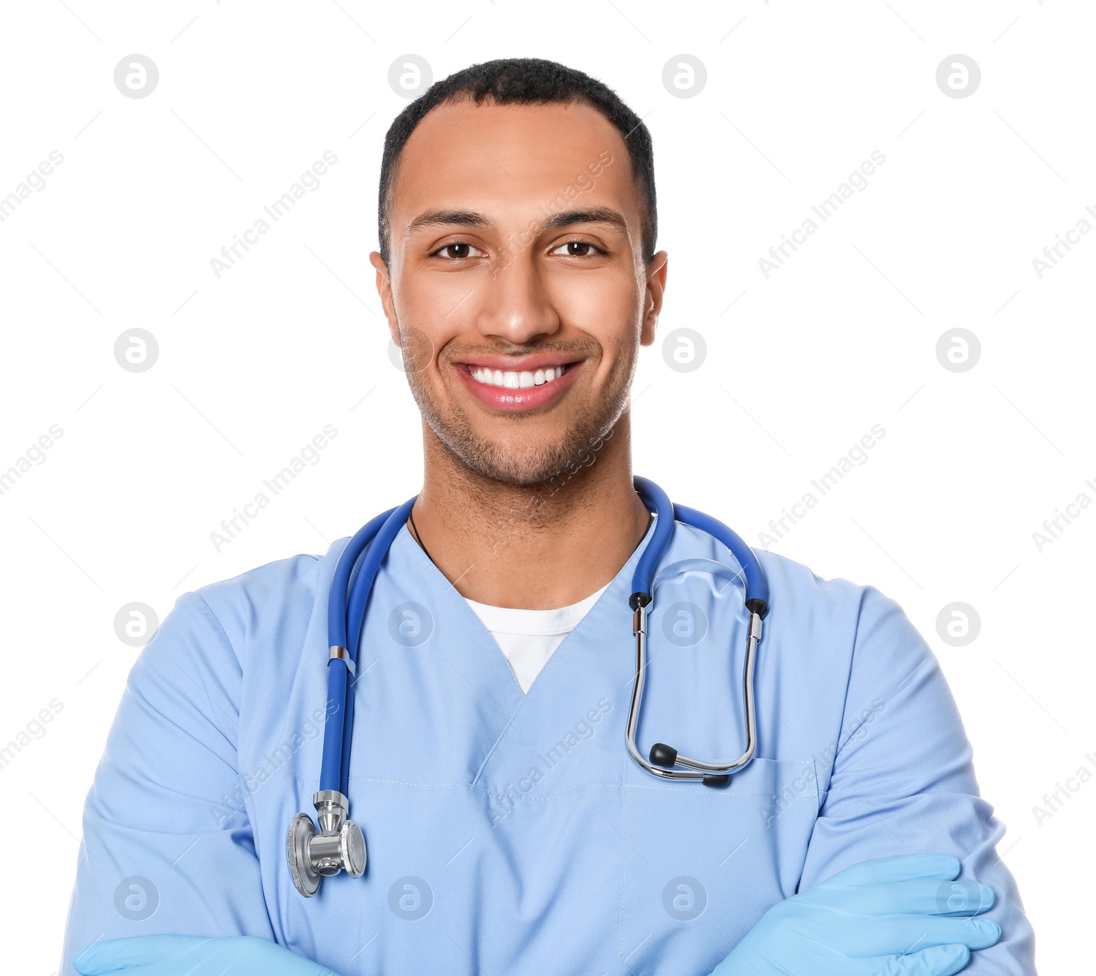 Photo of Doctor or medical assistant (male nurse) in uniform with stethoscope on white background