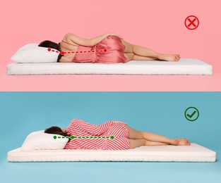 Image of Collage with photos of women lying on mattress. Wrong and correct sleeping posture. Choose right mattress