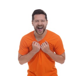 Emotional sports fan celebrating on white background