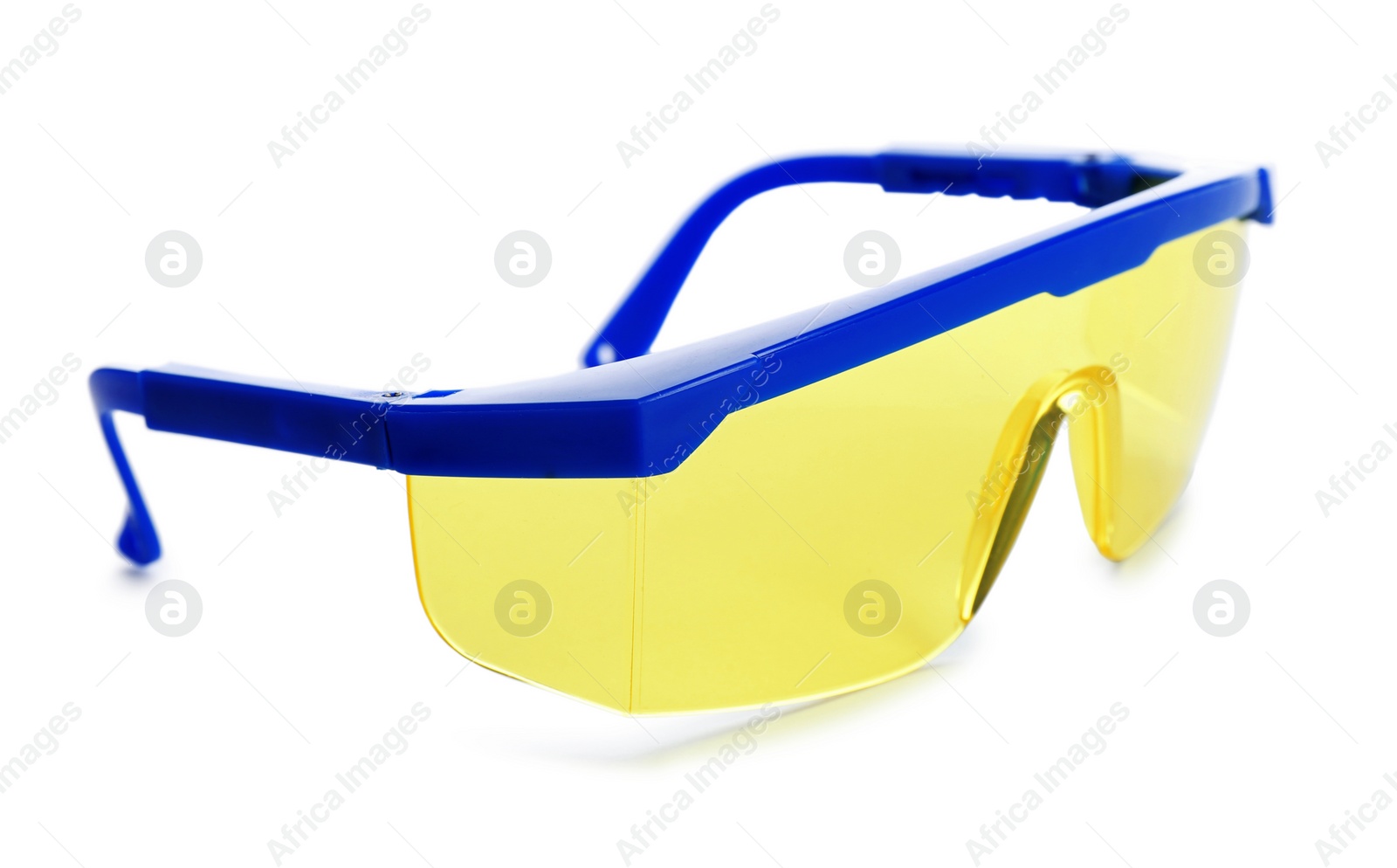 Photo of Protective goggles on white background. Safety equipment