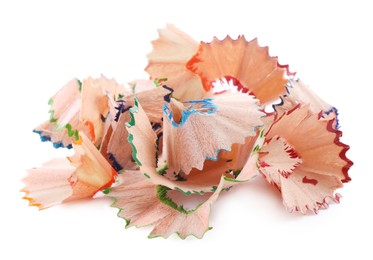 Heap of colorful pencil shavings on white background
