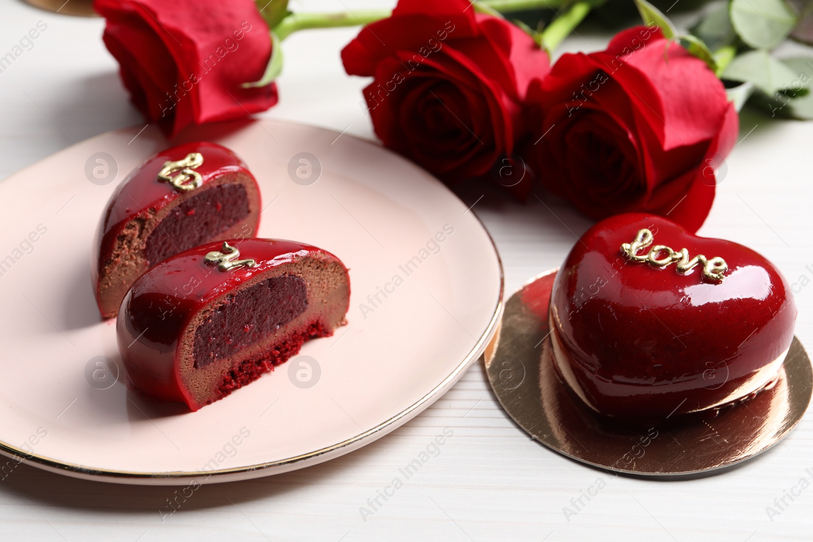 Photo of St. Valentine's Day. Delicious cake served on white table