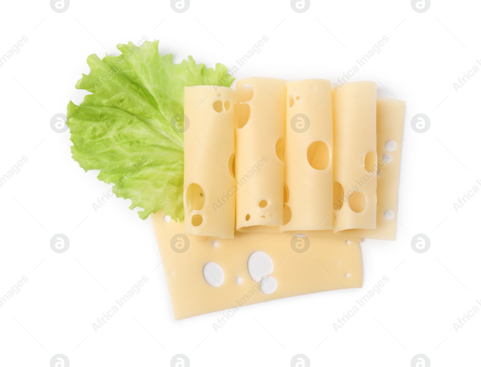 Photo of Slices of tasty fresh cheese and lettuce isolated on white, top view