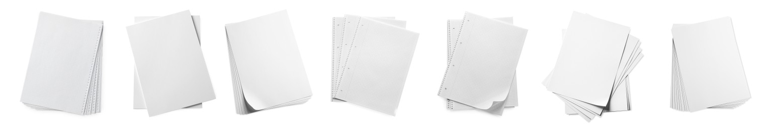 Image of Set with blank sheets of paper on white background, top view. Banner design