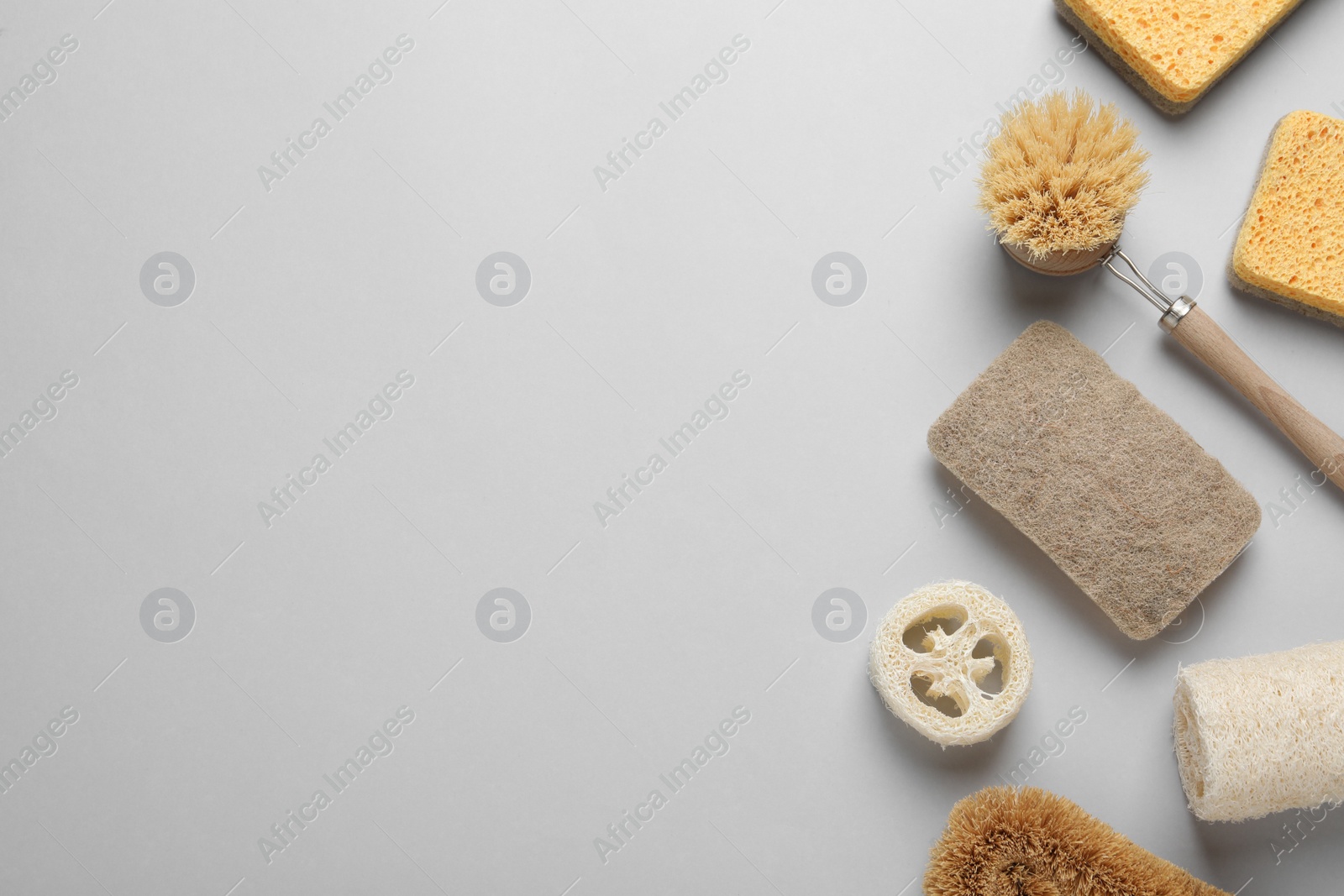 Photo of Sponges, brush and loofah on light grey background, flat lay. Space for text