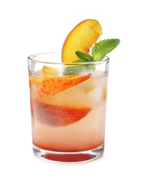 Photo of Peach cocktail in glass on white background. Refreshing drink