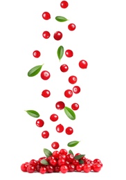 Image of Fresh red cranberries falling in pile on white background