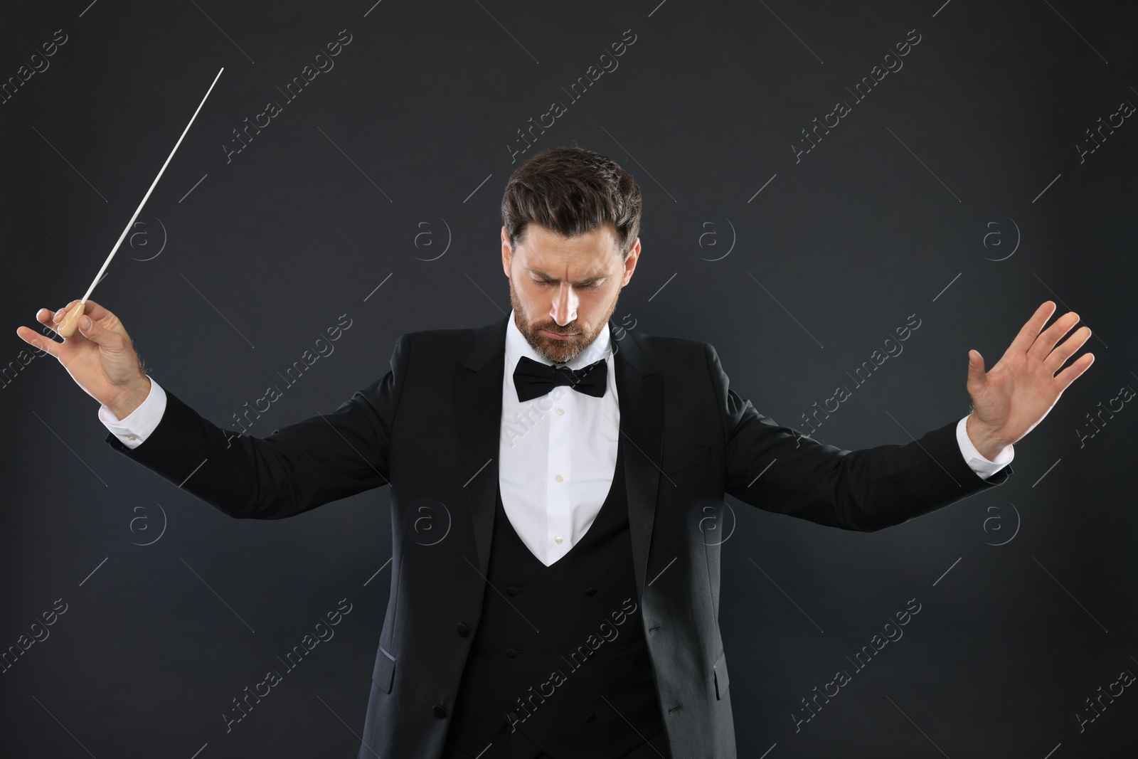 Photo of Professional conductor with baton on black background