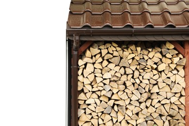 Photo of Stacked firewood near white wall outdoors, space for text. Heating in winter