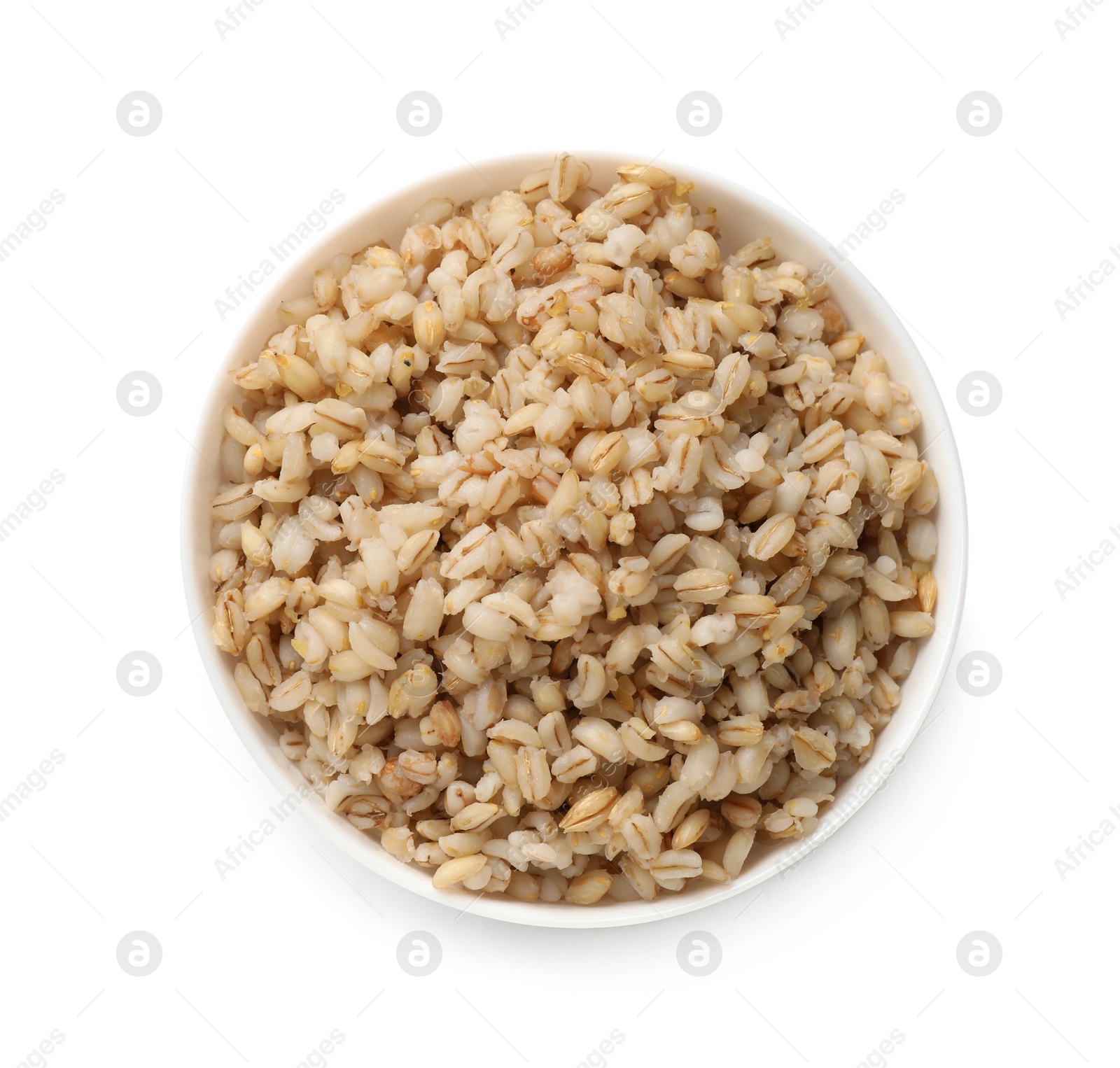 Photo of Delicious pearl barley in bowl isolated on white, top view