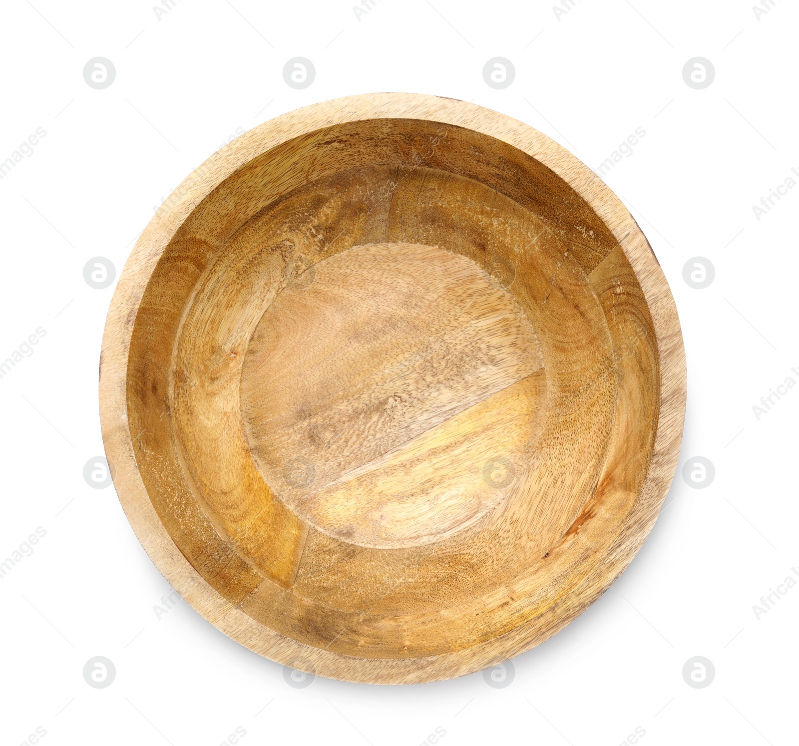 Photo of Empty clean wooden bowl isolated on white, top view