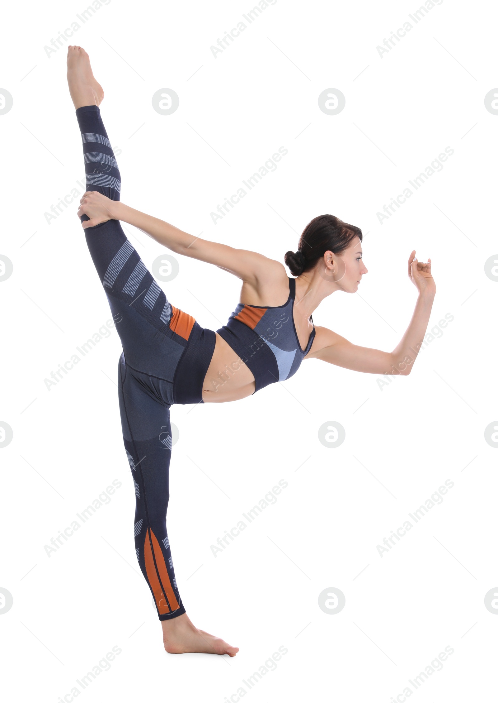 Photo of Professional young acrobat exercising on white background