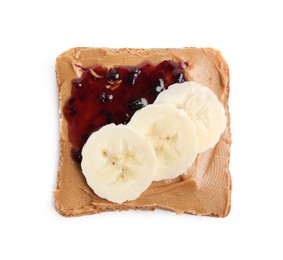 Toast with tasty nut butter, jam and banana isolated on white, top view