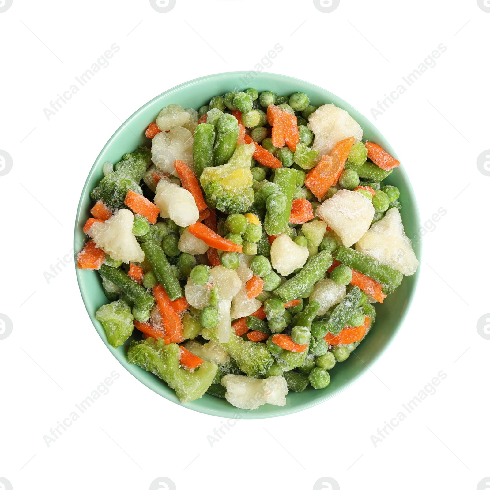 Photo of Frozen vegetables in bowl isolated on white, top view