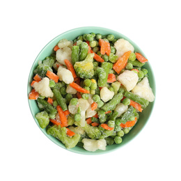 Photo of Frozen vegetables in bowl isolated on white, top view