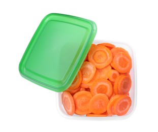 Photo of Fresh sliced carrots in plastic container on white background, top view