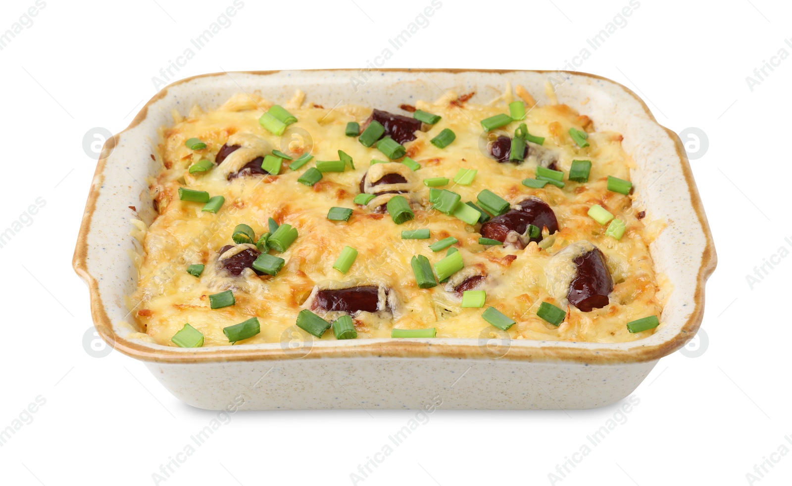 Photo of Tasty sausage casserole with green onions in baking dish isolated on white