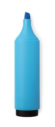 Photo of Bright blue marker isolated on white, top view