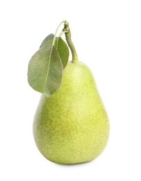 Photo of Tasty ripe pear with leaves on white background