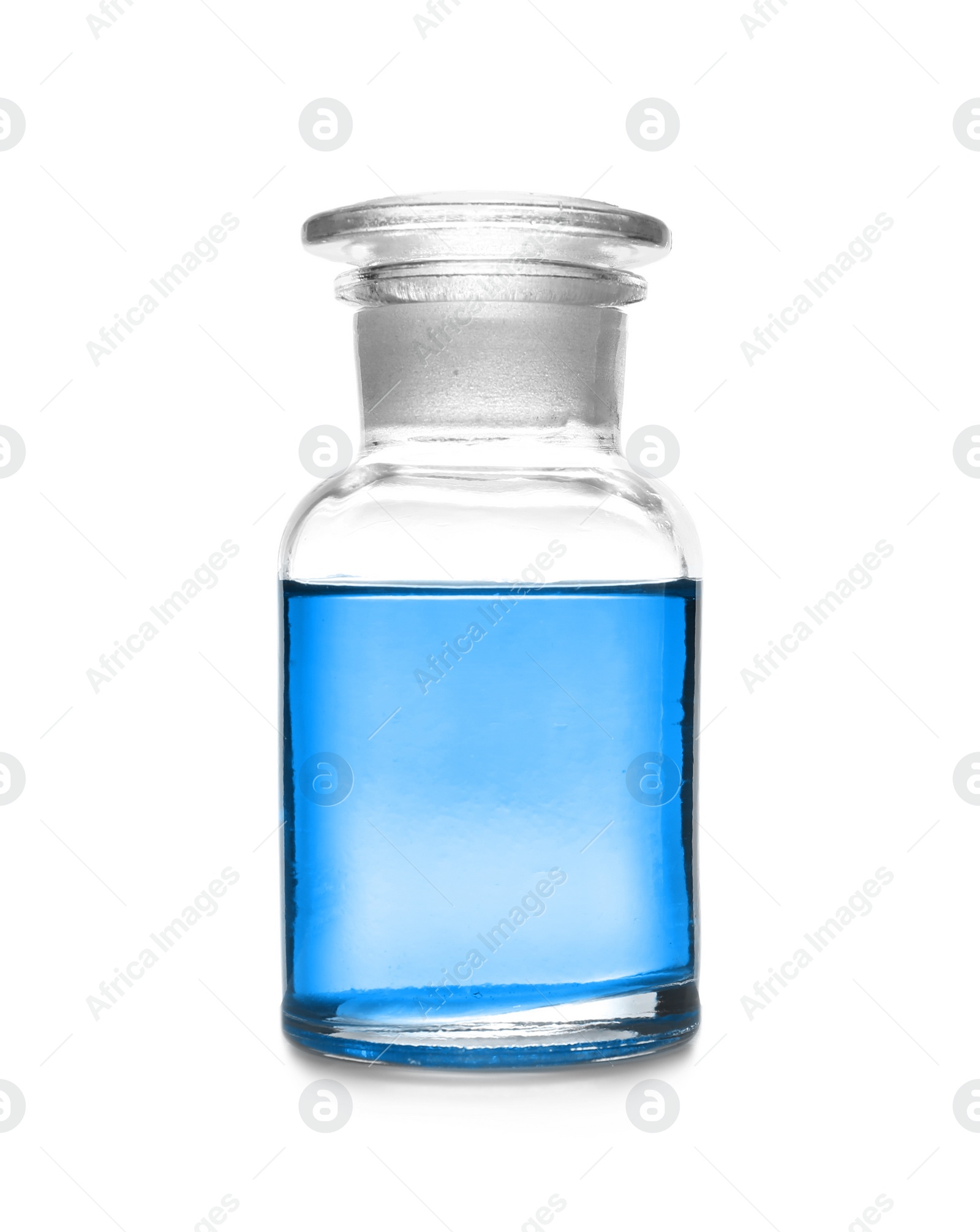 Image of Reagent bottle with blue liquid isolated on white. Laboratory glassware