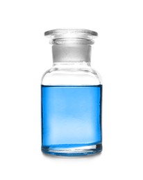 Reagent bottle with blue liquid isolated on white. Laboratory glassware