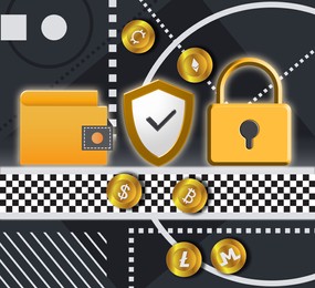 Security of online currency. Different cryptocurrency coins, wallet, shield and padlock on color background, illustration