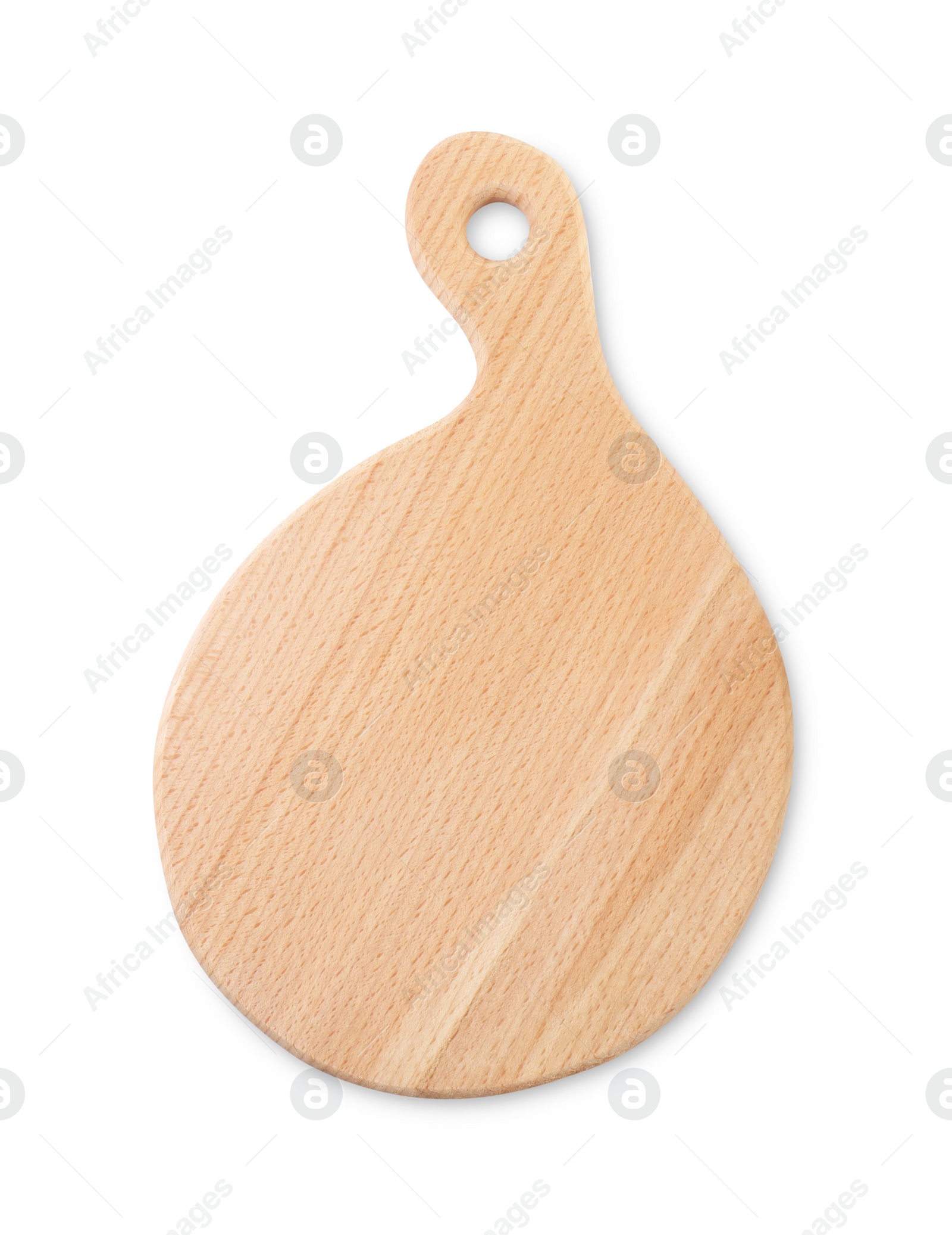 Photo of New wooden cutting board isolated on white, top view