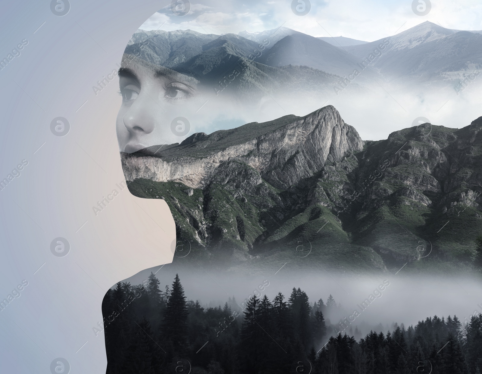 Image of Double exposure of beautiful woman and foggy mountains