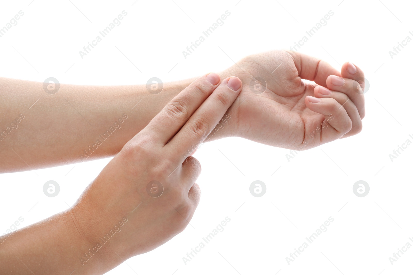 Photo of Woman checking pulse on wrist against white background, closeup