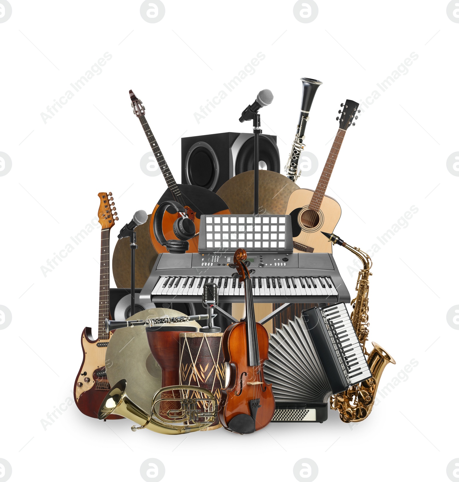 Image of Group of different musical instruments on white background