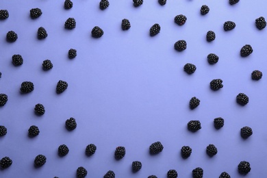 Photo of Frame made with fresh blackberries on lilac background, top view. Space for text