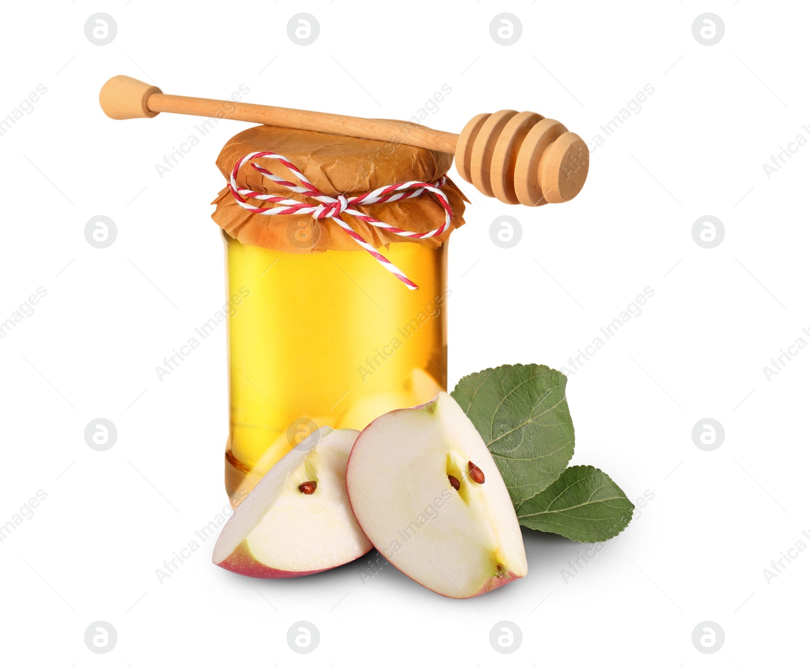 Image of Honey in glass jar, cut apple and dipper isolated on white