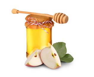 Image of Honey in glass jar, cut apple and dipper isolated on white