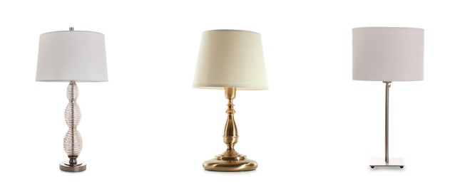 Image of Set with stylish night lamps on white background. Banner design