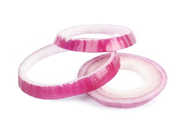 Photo of Sliced red onion rings on white background