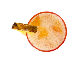 Photo of Tasty pineapple cocktail with ice cubes in glass isolated on white, top view