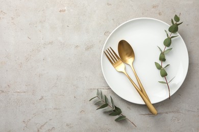 Photo of Stylish setting with cutlery, eucalyptus branches and plate on light grey table, top view. Space for text