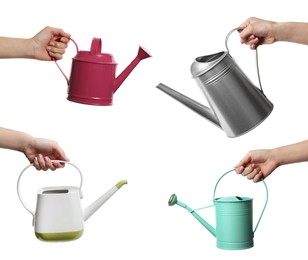 Collage with photos of women holding different watering cans on white background, closeup