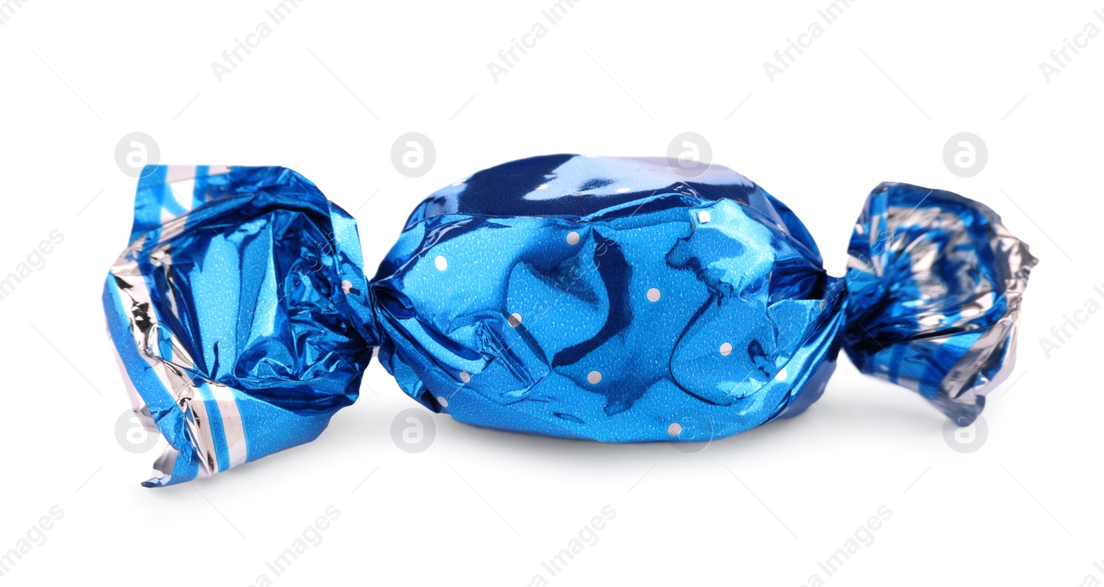 Photo of Candy in light blue wrapper isolated on white