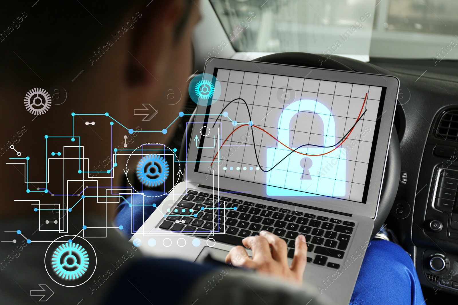 Image of Cyber attack protection. Man using laptop in car, closeup. Scheme and lock illustration