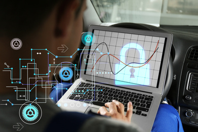 Cyber attack protection. Man using laptop in car, closeup. Scheme and lock illustration