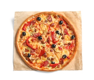 Delicious pizza with olives and sausages on white background