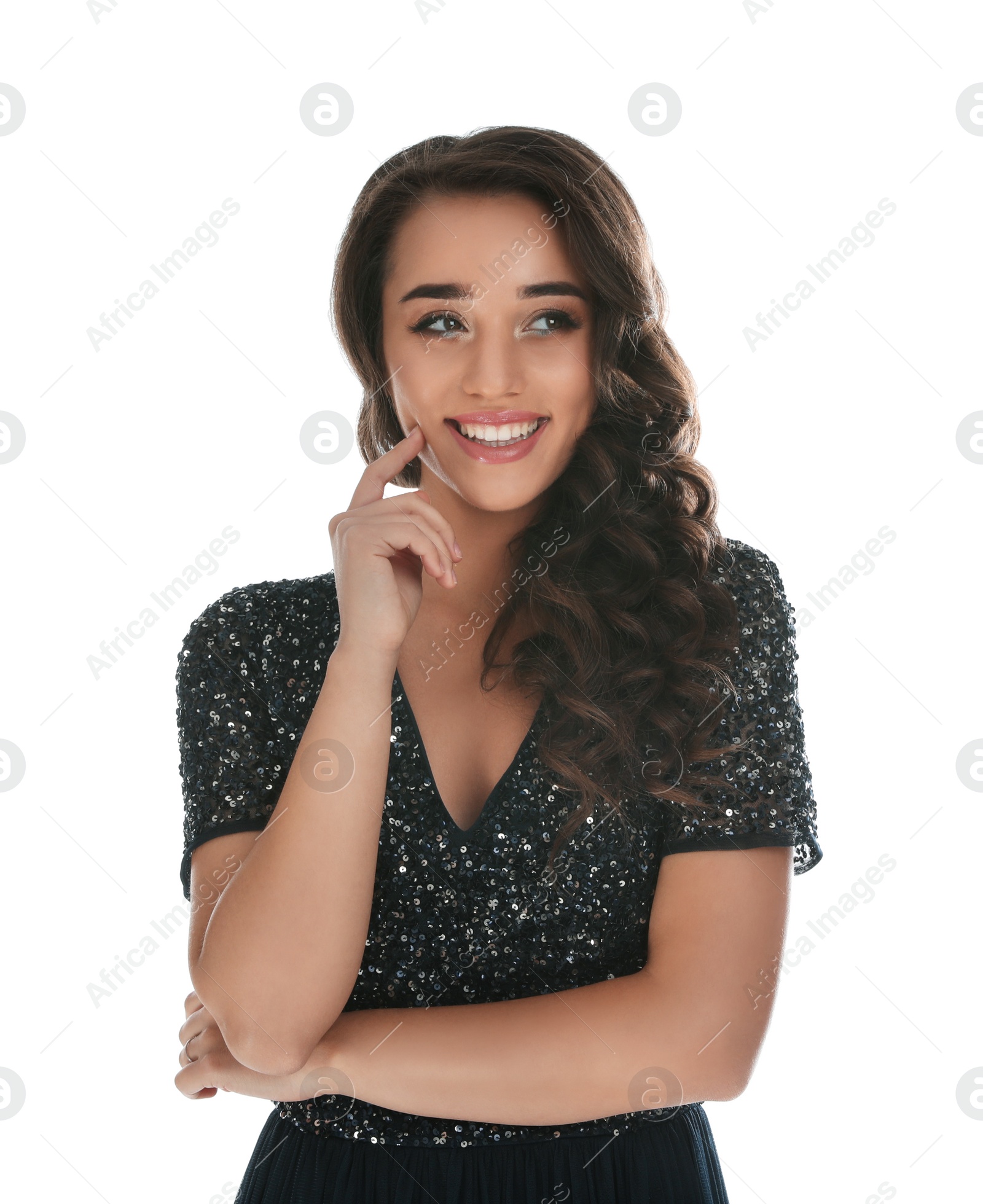 Photo of Beautiful young woman wearing elegant dress on white background. Christmas party