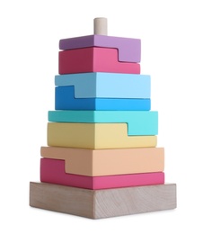 Photo of Colorful wooden toy pyramid isolated on white