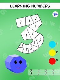 Illustration of Educational games for kids, learning colors and numbers. Coloring digit three, illustration