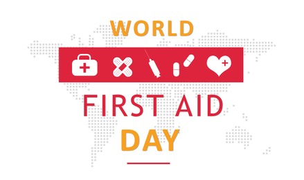 Illustration of World First Aid Day. Different icons and map on white background, illustration 