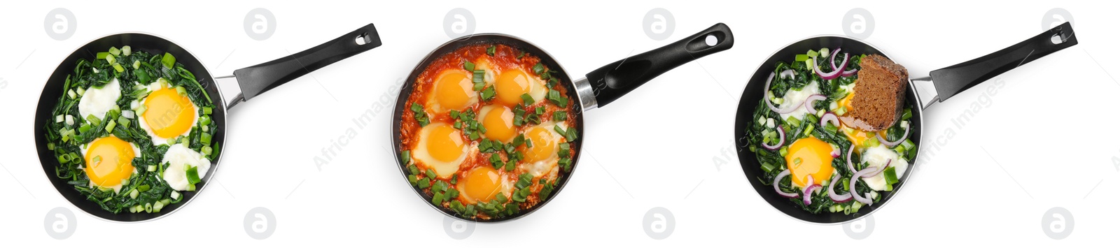 Image of Delicious shakshuka in frying pans isolated on white, top view