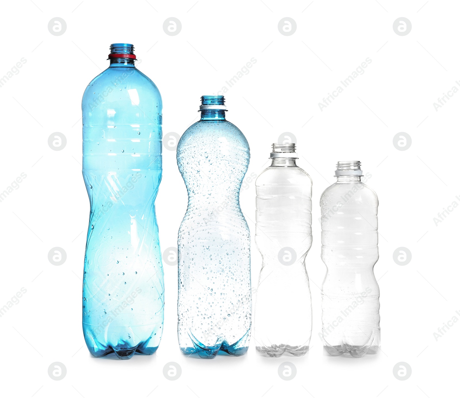 Photo of Plastic bottles on white background. Recycle concept